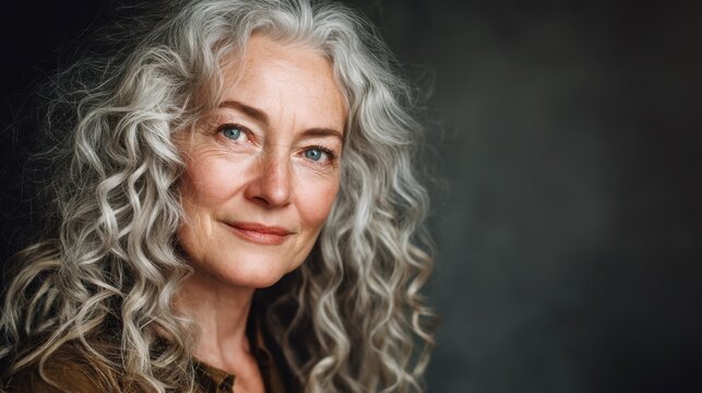 Portrait of a Senior Woman with Beautiful Curly Silver Hair and Bright Blue Eyes Against a Dark Background