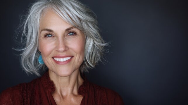 Graceful mature woman with silver hair and bright smile against dark background showcasing confidence and elegance
