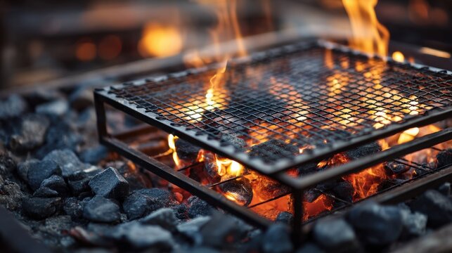 Warm glowing flames dance around a cooking grill mesh, creating a cozy outdoor atmosphere for summer gatherings