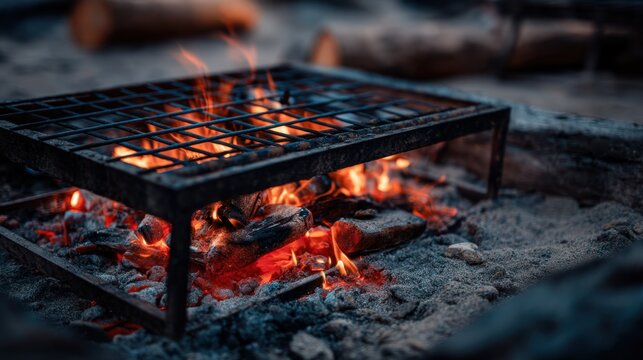 Cozy Campfire Setup with Grill on Rocky Ground Surrounded by Logs and Flickering Flames at Nighttime Adventure Scene