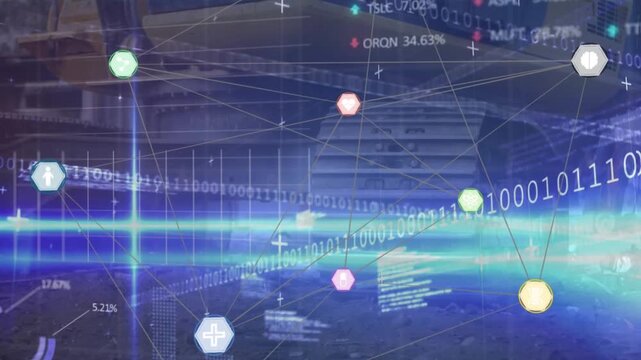 Animation of financial data processing with icons over building site