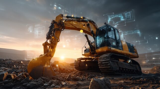 Heavy Excavator Machinery in Action at Construction Site with Futuristic Digital Interface Overlay at Sunset