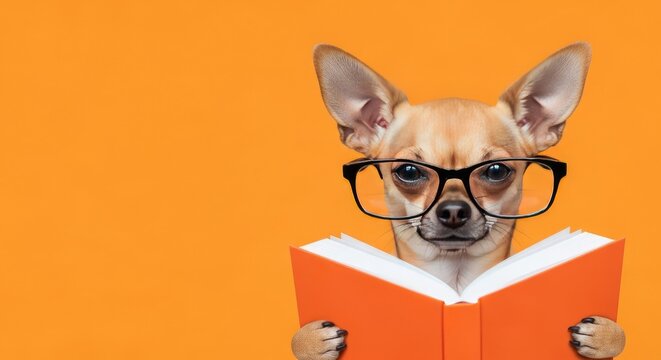 A chihuahua wearing glasses reading a book on an orange background