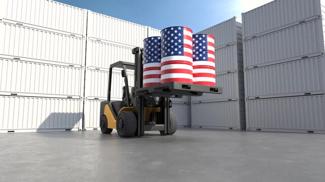 Forklift transporting America oil barrels at cargo container terminal. 3D Render