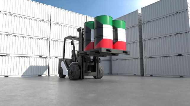 Forklift transporting Kuwait oil barrels at cargo container terminal. 3D Render