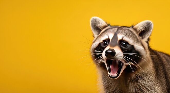 Raccoon with an aggressive expression on a bright yellow background