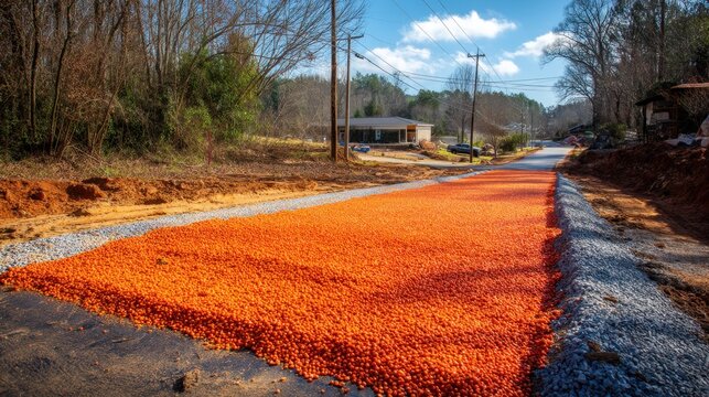 Bright Orange Peanuts Spread on Gravel Road Under Clear Blue Sky Surrounded by Trees and a Quiet Neighborhood