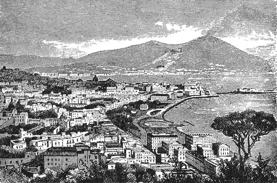 Naples, coastal city with dense buildings along curving shoreline, distant mountains, detailed architectural rendering, old vintage illustration, 1898.