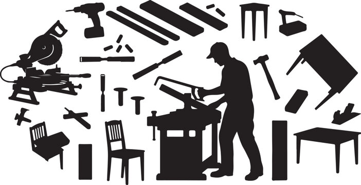 Silhouette of a carpenter with various tools and furniture