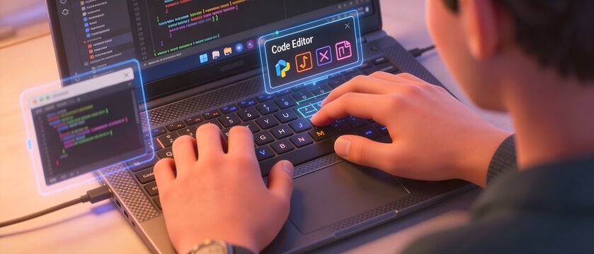 Programmer typing on laptop keyboard with futuristic glowing holographic code editor interface