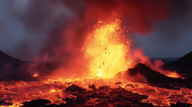 A violent volcanic eruption spews molten lava and ash into the dark sky