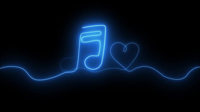 Glowing Blue Music Note and Heart Symbol Neon Sign on Black Background with Wavy Line