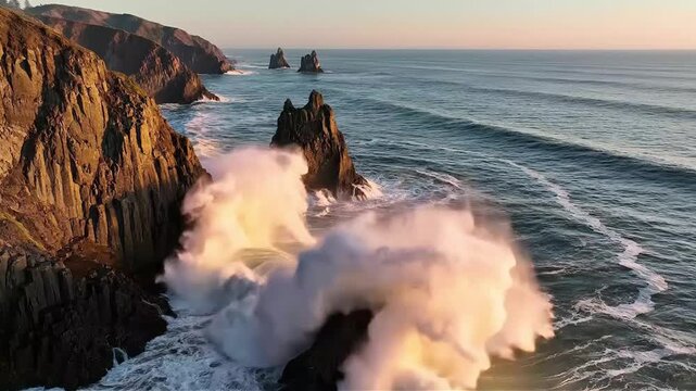 Massive ocean waves crash against rugged sea stacks and cliffs on scenic oregon coast during golden hour