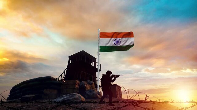 Military soldier silhouette standing guard with the Indian flag waving at sunset video