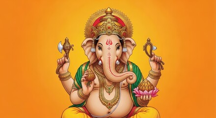 Fototapeta premium golden ganesha statue on vibrant orange background