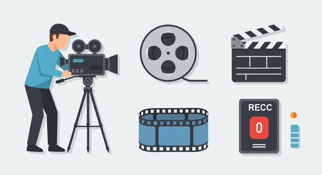 Filmmaking equipment icons: director, camera, film reel, clapperboard, film strip, recorder