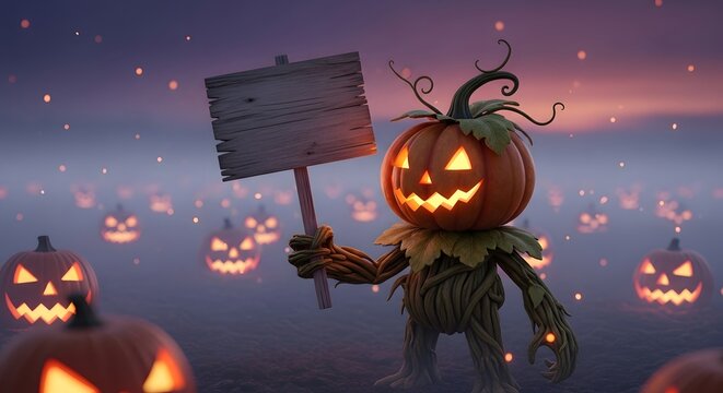 A scarecrow with a jack o lantern head holding a sign in a field of pumpkins
