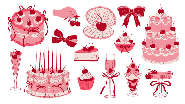 Set of retro elements with cherries. Pink cakes and pastries with cherries, whimsical girly sweets in coquette style