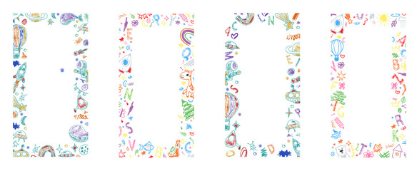 Rough hand drawn scribble frame inspired by kindergarten art. Kindergarten crayon frame perfect for baby cards and school themes. © Elena