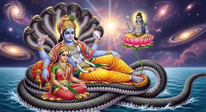 hindu deities vishnu and lakshmi cosmic ocean illustration
