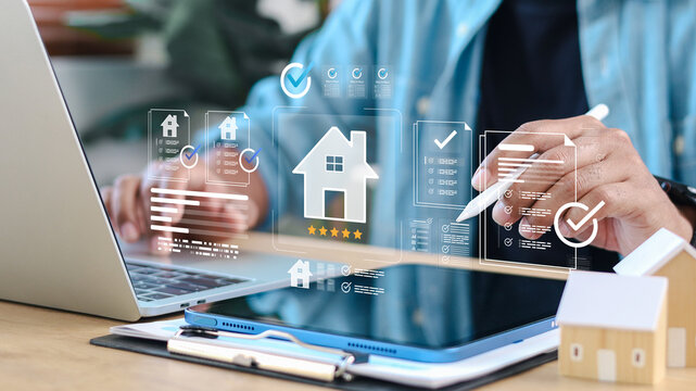Digital real estate management with property rating interface, checklist verification, and smart analytics, representing home selection, investment decisions, and modern housing technology.