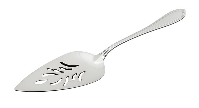 Silver serving spoon with decorative holes isolated on white background