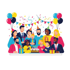 Fototapeta premium Diverse group celebrating birthday with cake, gifts, balloons, and confetti