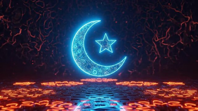 Glowing crescent moon and star symbol with geometric patterns. Ramadan Kareem religious celebration concept. Islamic holiday background for greeting card.