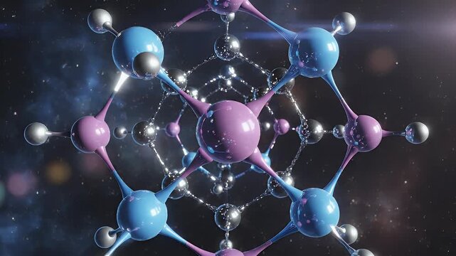 Abstract molecular structure with shiny blue and pink spheres connected by rods