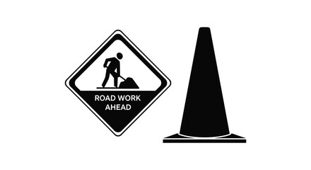 Road work ahead warning sign with a traffic cone black silhouette © nhpvect02
