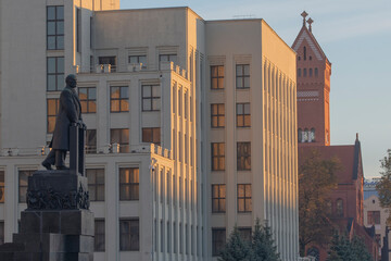 Government House and Red Church Tower on Independence Square in Minsk with copy space