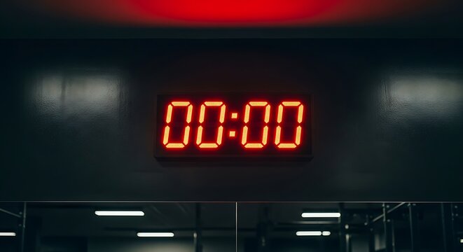 A digital gym timer showing zero zero zero zero on a dark wall indicating the end of a workout session or interval training illustration