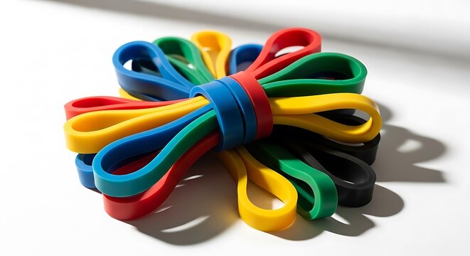 A collection of colorful rubber resistance bands arranged in a circular pattern on a clean and bright white surface background illustration