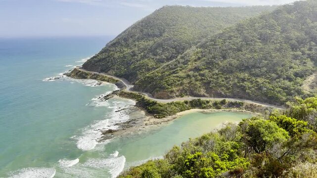 Famous stunning view from Teddy&rsquo;s Lookout showing the outlet river flowing into the turquoise ocean and surrounding hills near Lorne, Melbourne, Victoria, Australia