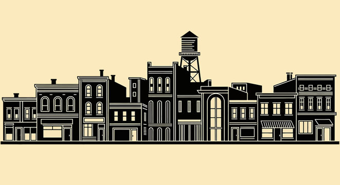 Black and white silhouette illustration of a classic small town city street with old buildings