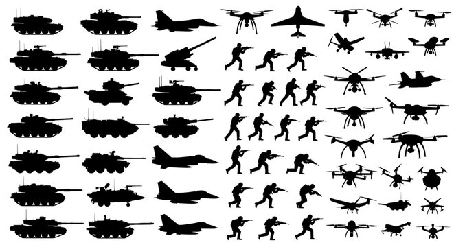 A collection of various military vehicle silhouettes including tanks aircraft soldiers and drones