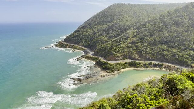 Famous stunning view from Teddy&rsquo;s Lookout showing the outlet river flowing into the turquoise ocean and surrounding hills near Lorne, Melbourne, Victoria, Australia