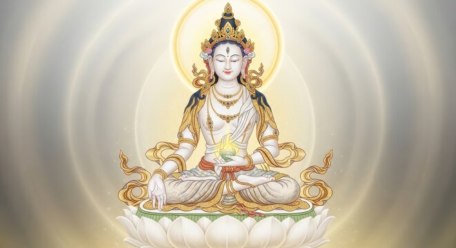 golden white tara buddha statue glowing aura meditation