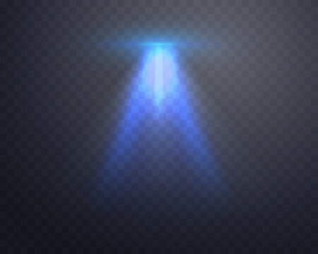 Blue spotlight beam illuminates dark stage background, dramatic concert lighting effect with glowing rays for award show or theater performance on transparent background. Vector illustration.
