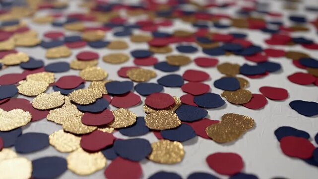 Scattered confetti in red, gold, and blue, with some blurred