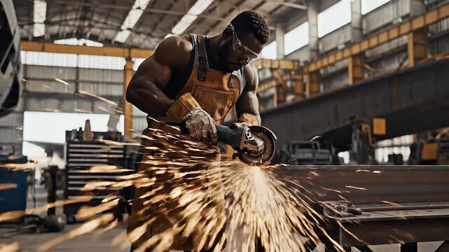 A muscular craftsman powerfully grinds metal in a large industrial workshop