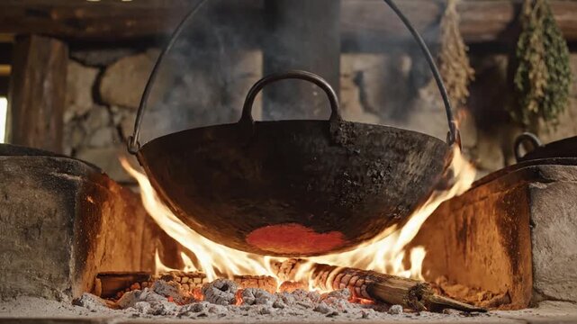 Traditional Cast Iron Cauldron Over Open Fire