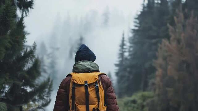 Solo Explorer: A lone adventurer, enveloped in the soft embrace of a misty forest, ventures forward on a journey of self-discovery. This captures the essence of exploration and personal growth.