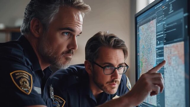 Police Officers Analyzing Data on Monitor: Focused law enforcement officers meticulously analyze critical data displayed on a computer monitor.