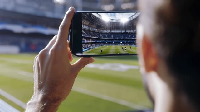 Live Sporting Experience Through Smartphone: A person capturing the excitement of a live soccer match at a stadium, using a smartphone to record the game.