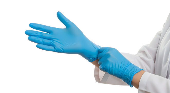 A person in a lab coat is putting on blue medical gloves