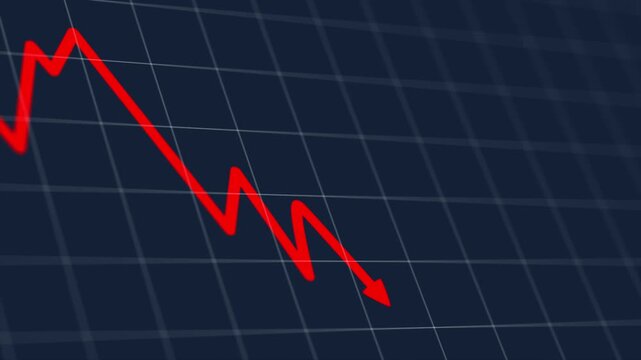 Red arrow is pointing downwards on a blue background loop animation. The arrow is surrounded by a White line, downfall stock chart and red arrow decreasing, concept of loss, risk, scam
