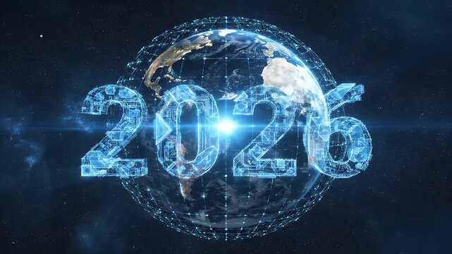 Abstract digital numbers 2026 encircle a glowing Earth in starry expanse