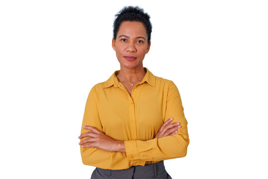 Middle-aged black woman expressing confidence and professionalism, wearing a yellow shirt, with a neutral expression