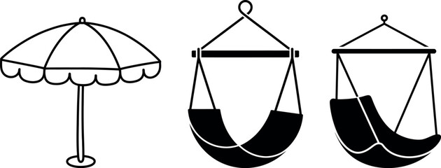 Relaxation items including a beach umbrella and two hanging hammock chairs © Raton